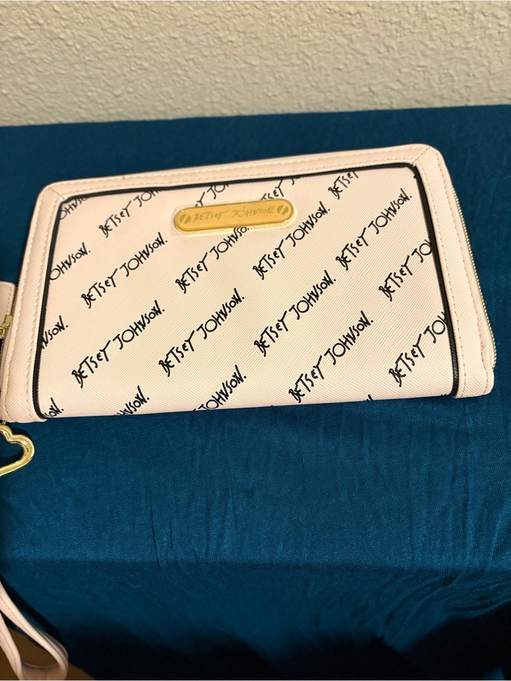 Betsey Johnson Cream Logo Zip-Around Wristlet with Gold Plate